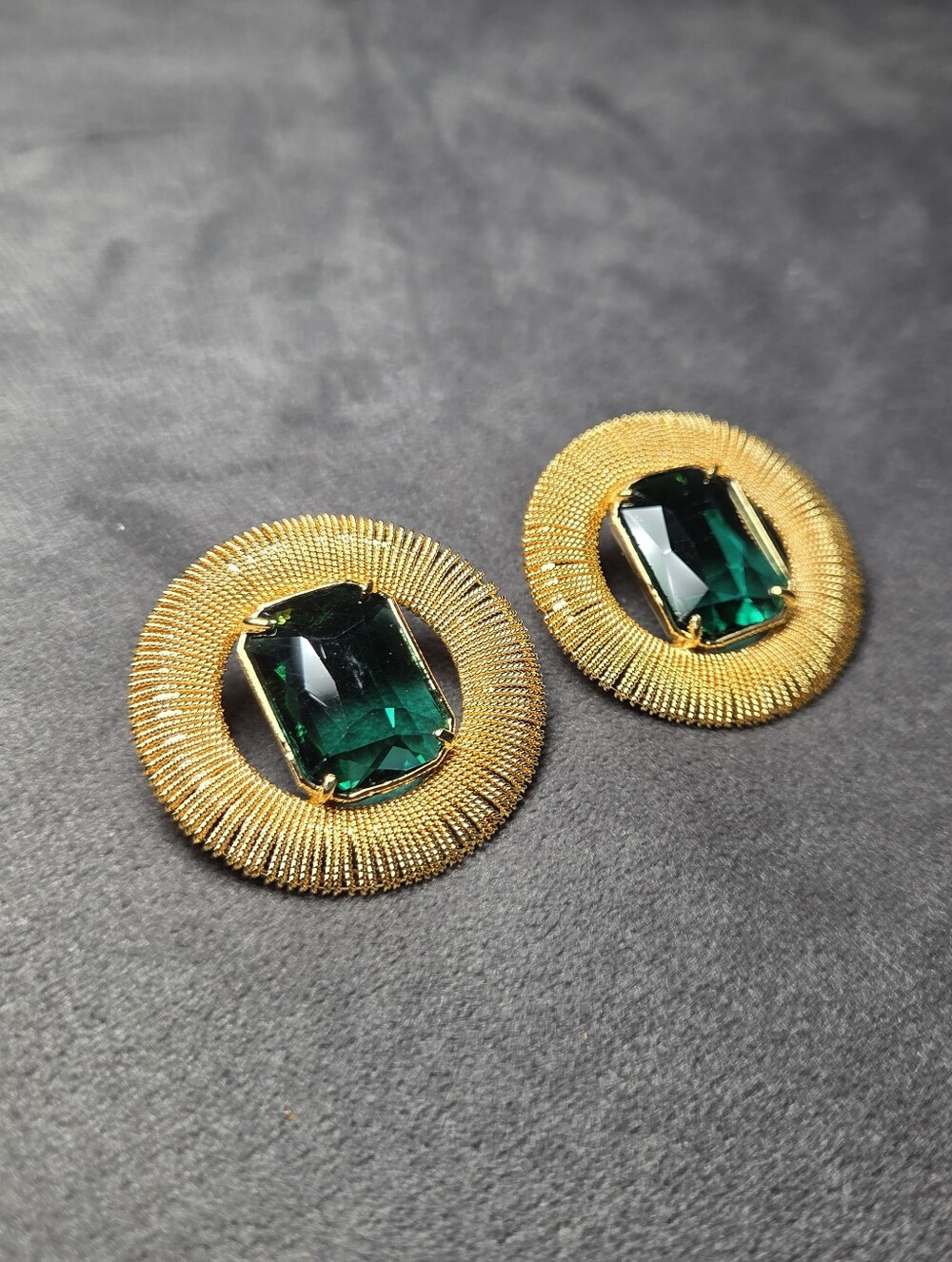 14K Yellow Gold Plated Round Earrings with Deep Green Gemstones